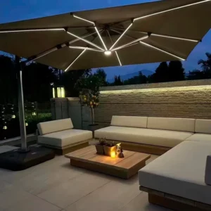 L Factory High end Modern Outdoor Sun Solar LED Light Umbrella 8 Ribs Aluminum Pole 250g Polyester Courtyard Hotel