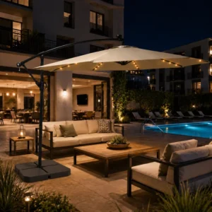 LED Lights 10ft Banana Umbrella Cantilever Offset Hanging Parasol Steel Frame Patio Garden Poolside Factory Price