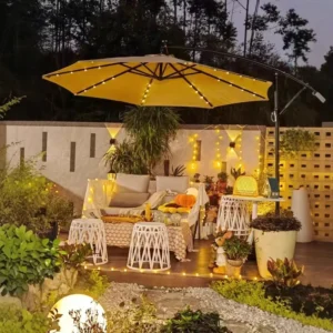 LED Solar Powered Outdoor Furniture Umbrella with Ambient Lighting Foldable & Rainproof for Garden Patio Pool
