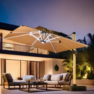 LED Solar Square Patio Umbrella with Square Base for Garden, Poolside, Beach and Hotel Use
