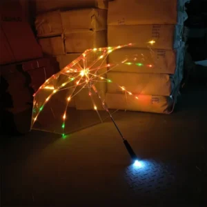 LED Transparent Umbrella with Fiber Ribs and Plastic Handle for Adults Business Gift