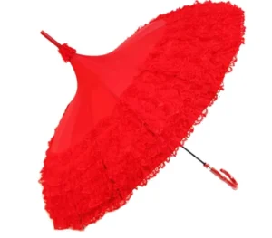 LOTUS Modern 16 Ribs Romantic Red Lace Wedding Pagoda Shaped Umbrella 105cm Open Diameter Plastic Handle Black Metal Frame for