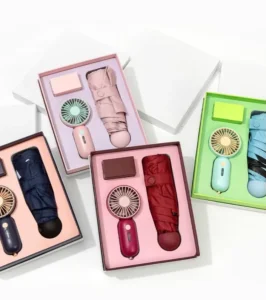 LS03 Electric Fan & Mini Pocketable 5-Folds Umbrella Design UV Protected Fabric Paraguas Summer Gift