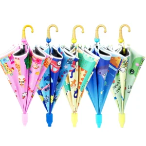 LS08 Children’s Cartoon Cute Curved Handle Iron Tube Manual Umbrella Cover with Reflective Strip for Back to School Gifts