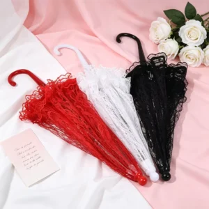 Lace Decorated Long Crook Handle Umbrella Plastic Handle Wedding Parasol for Bridal Party Decor