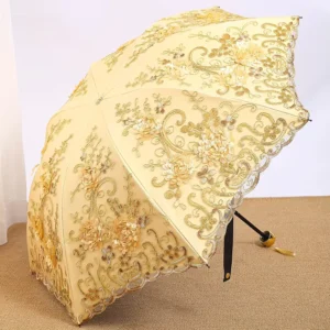 Lace Flower Embroidery Parasol Wedding Fabric Umbrella With Black Coating