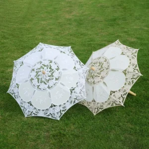 Lace Parasol White Wooden Handle Dance themed Craft Umbrella Performance Photography Prop Embroidered Lace Trim Weddings
