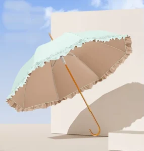 Lace Trim Parasol Sunshade Automatic Windproof Dome Shape Umbrella