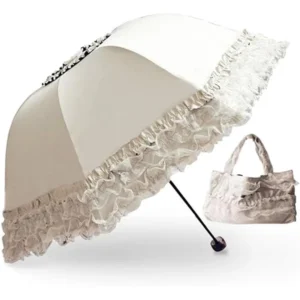 Lace Umbrella UV Protection Sun Rain Dual Use Wedding Festival with Frilly Trim Bamboo Hook Handle Outdoor Photography