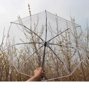Ladies Korean Style Manual Control 3-Fold Clear Plastic Handle Umbrella Fashionable Folding Design For Store Use Adults Custom