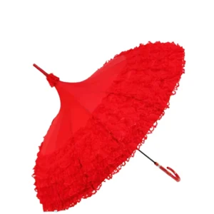Ladies Red Wedding Stick Umbrella Long Handle Tower Pagoda Design Made of Pongee Material for Women