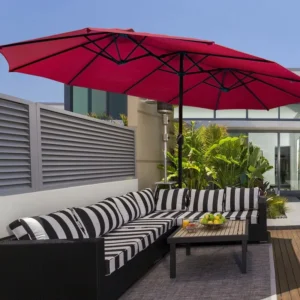 Large 15 Ft Double Sided Iron Twin Outdoor Sunshade Parasol Commercial Solar LED Lighted Hotel Use Outdoor Furniture Umbrella