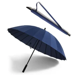 Large 24-Bone Windproof Long Leather-Handle Straight Golf Umbrella