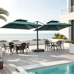 Large Aluminum Foldable Anti-UV Waterproof Outdoor Patio Umbrella with Base for Hotel Beach Pool and Park Use