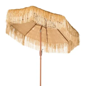 Large Artificial Straw Raffia Beach Umbrella, White, Hotel Style, Reverse Design with Fringe