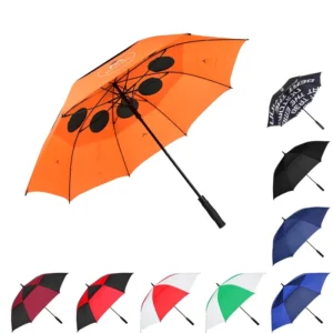 Large Automatic Double-Layer Vented Windproof Waterproof Golf Umbrella with Orange Inner Layer and Special-Hole Design