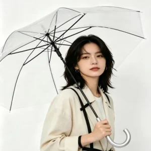 Large-Coverage Aluminum-Shaft POE Clear-Canopy Fiberglass Windproof Umbrella with J-Shaped Curved Handle