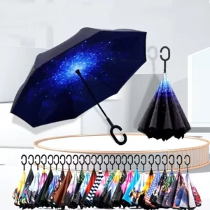 Large Double-Layer Car Reverse Umbrella with Long Straight Handle, C-Type Polyester Material