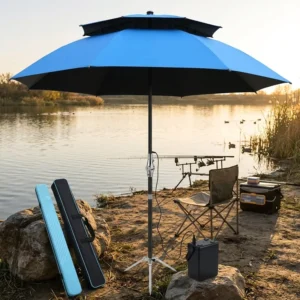 Large Double Layer Manual 8 Ribs Fishing Anti UV Outdoor Sun Patio Umbrella Beach Parasol with Battery Box 10 Hours Battery Life