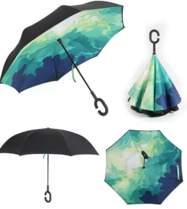 Large Flower Design Inverted No-Drip Umbrella with C-Shaped Handle Hands-Free Manual Reverse Umbrella