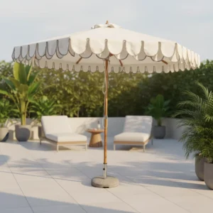 Large Folding Scalloped-Edge Garden Parasol with Pink Fringe for Picnic Pool and Beach