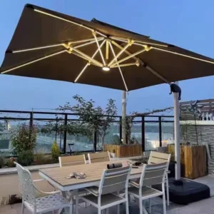 Large Garden Outdoor Parasol Cantilever Solar Powered Pool Umbrella with LED Light Foldable Waterproof for Courtyard & Hotel Use