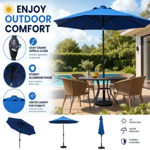 Large Manual Crank Aluminum Cantilever Umbrella With Lamp For Outdoor Restaurants Patios Backyard Deck Porch