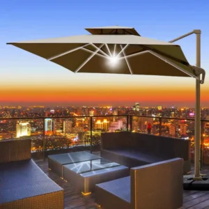 Large Outdoor Aluminum Square Cantilever Umbrella with 3m Radius and LED Solar Light for Patio and Beach