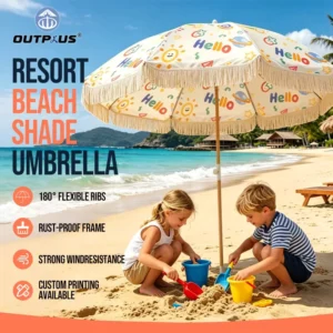 Large Outdoor Beach and Garden Parasol with Wood Frame and Tassel Fringe for Patio or Courtyard