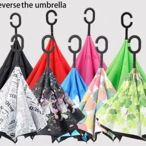 Large Reverse Umbrella with C Handle, Waterproof Windproof Inverted Design