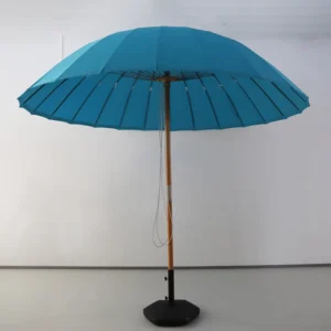 Large Round Wooden Pole Market Patio Umbrella with Pull Cord Lift and Heavy Flat Base