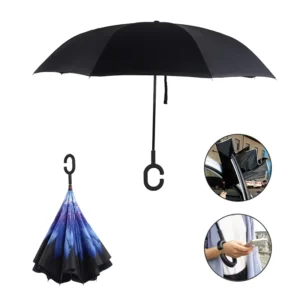 Large Standard Size Windproof C-Hook Handle Reverse Inverted Umbrella