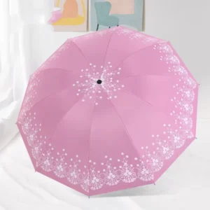 Large Three-Fold Manual Umbrella with Floral Pongee Fabric, Anti-UV and Windproof, for Women and Travel