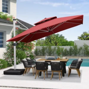 Large UV Protection Offset Umbrella for Beaches, Square Red Double-Top Design with Crank Handle