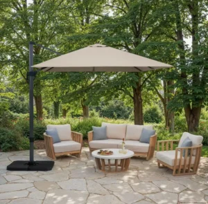 Large UV Protection Windproof Offset Umbrella for Courtyards, Square Beige Double-Top Design with Crank Handle and Base