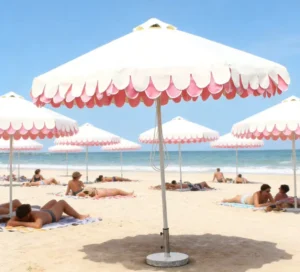 Large Vintage Custom Bali Scalloped Edge Garden Parasol with Pink Fringe for Picnic Pool Outdoor Beach Patio