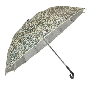 Leopard Print Sliver Coating UV Protection Rain Sun Stick Umbrella with Cane Non-Slip