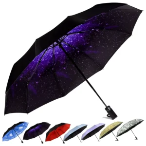 Light Portable Automatic Folding Windproof Travel Umbrella with Grip for Car and Backpack