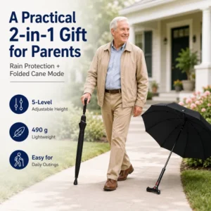 Lightweight 2 in 1 Cane Umbrella 490g Adjustable Walking Stick Umbrella for Elderly Daily Outdoor Retail Supply