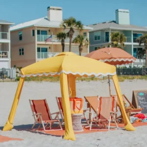 Lightweight Foldable Beach Cabana, UV Protective Waterproof Sun Shelter, Midcentury Modern Wood Pole