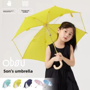 Lightweight Manual Push-Pull Biodegradable Grain Curved-Handle Kids Umbrella with Rounded Safety Tips