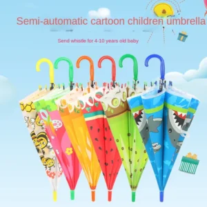 Lightweight Transparent Semi Automatic Umbrella Students Unisex Kindergarten Children Long Handle Cartoon Design Convenient