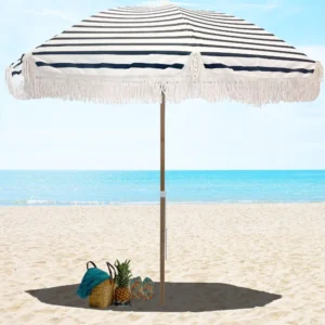 Logo Printed Full Cassette Retractable Patio Outdoor Decorative White Boho Beach Umbrella with Fringe with Crank Open System