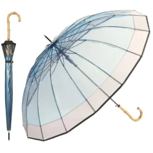 Long-Handle 16-Rib Two-Tone Blue and White 100 cm Umbrella for Women, Travel and Rain