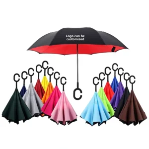 Long-Handle Double-Layer Windproof C-Shaped Hands-Free Reverse Umbrella with Steel Frame, 100-110 cm Diameter