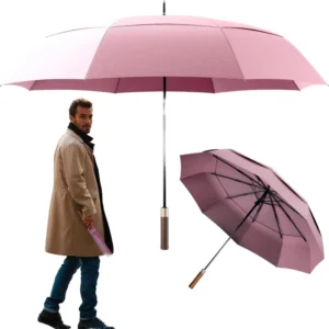 Long Handle Golf Umbrella with 8 Fiberglass Ribs, EVA Handle, Double Canopy, and UPF 50+