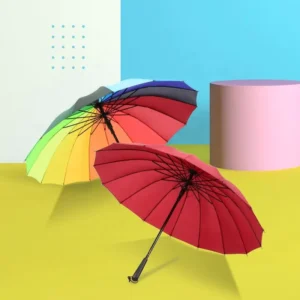 Long-Handle Straight-Rod Umbrella Reinforced Wind-Resistant 16-Bone Semi-Automatic Rainbow