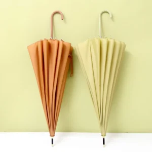 Long Handle Umbrella Solid Color Leather Handle Straight Stick Black Coating Ins Style Rain and Sun Protection Business Gift