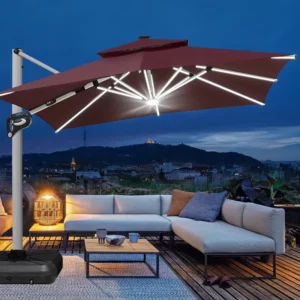 Low MOQ Cantilever square Heavy Duty Patio Umbrella Crank Handle Moveable Parasol Garden Umbrellas with LED light