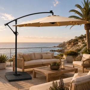 Luxury 10ft Outdoor LED Banana Umbrella Cantilever Offset Parasol UV Protection Waterproof for Garden Cafe Terrace Seating